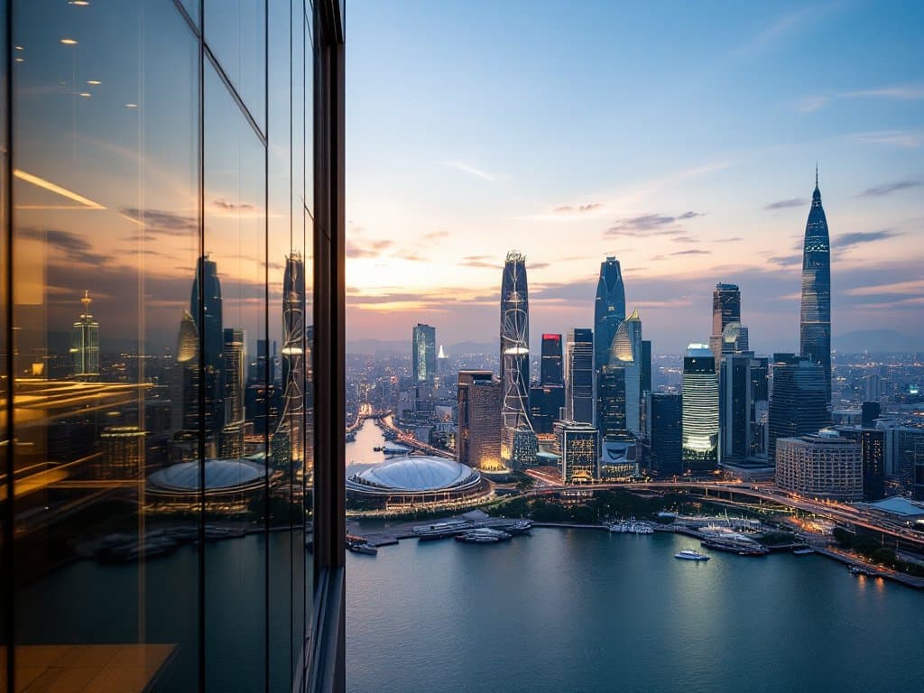 Singapore skyline at sunset viewed from a high-rise building