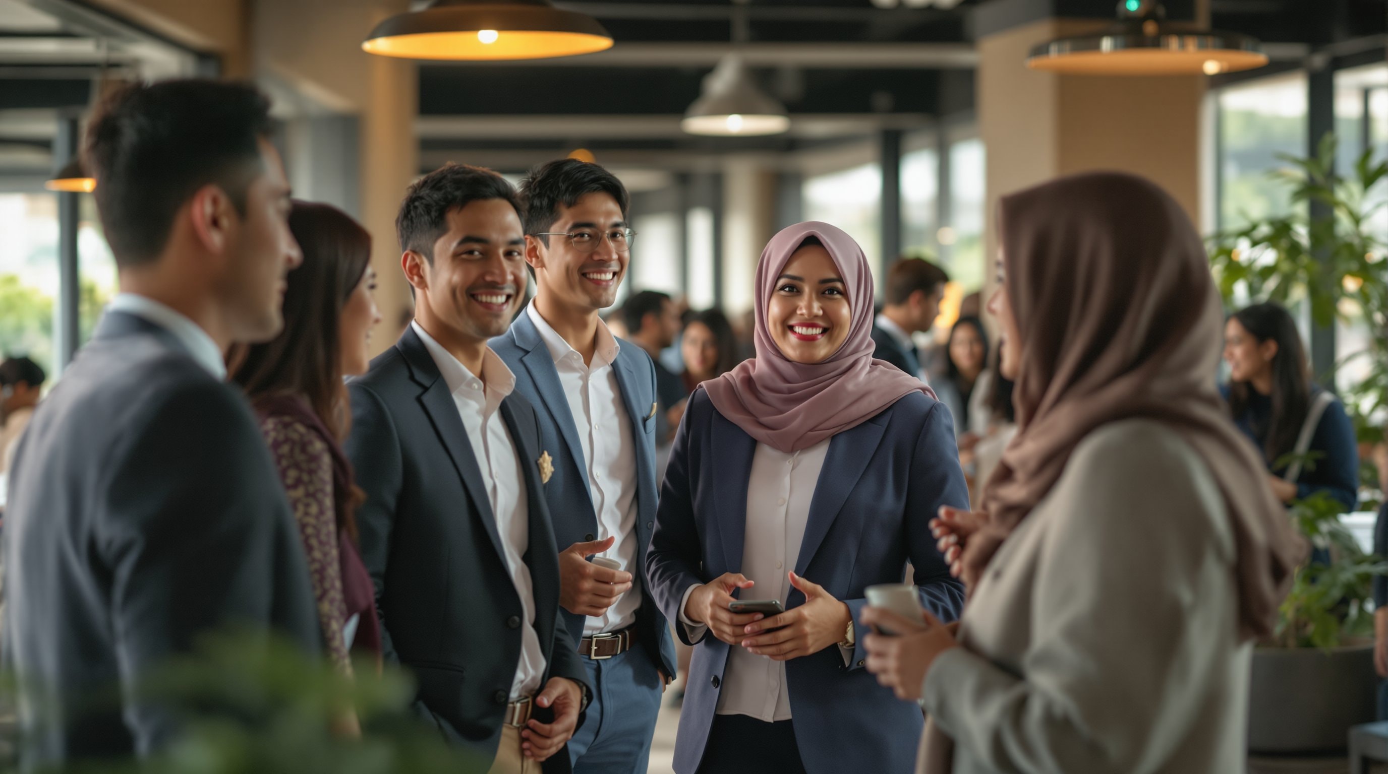 Malaysian professionals networking in modern office environment
