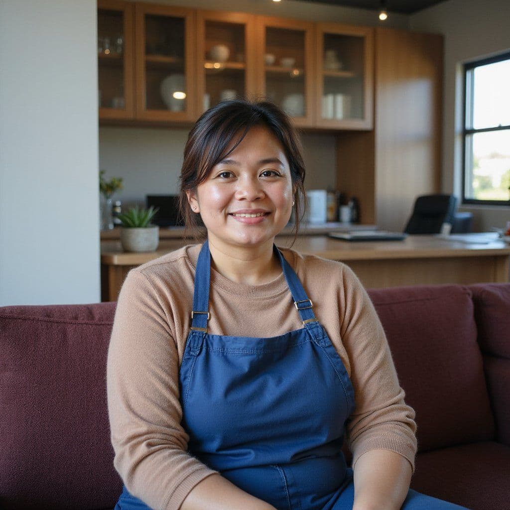 Filipino domestic helper in a home kitchen setting wearing an apron