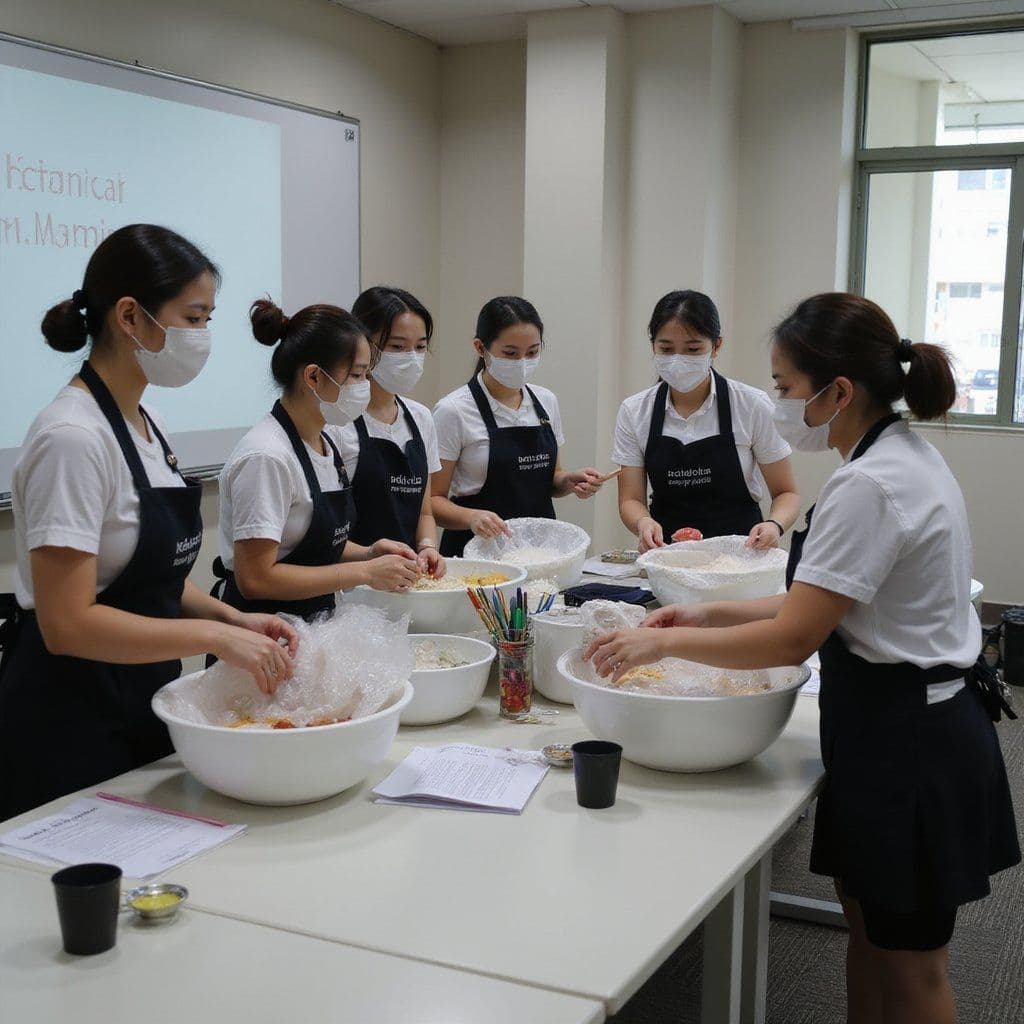 Domestic helpers in training session preparing food