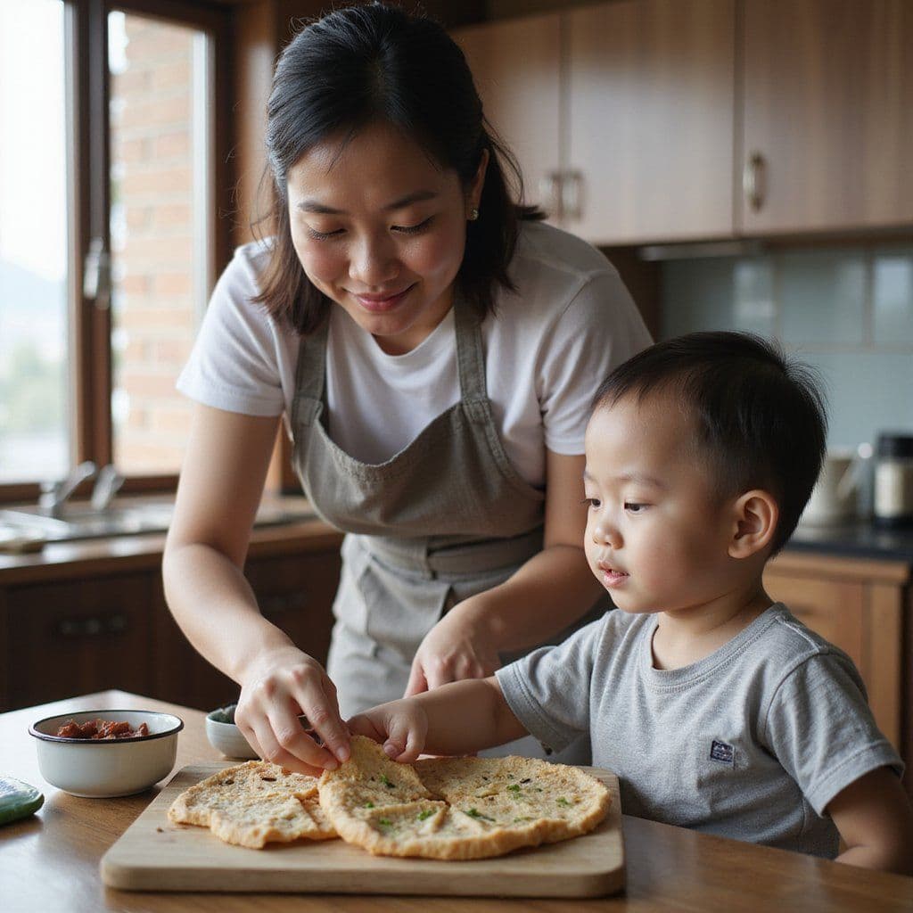 Indonesian domestic helper cooking with a child