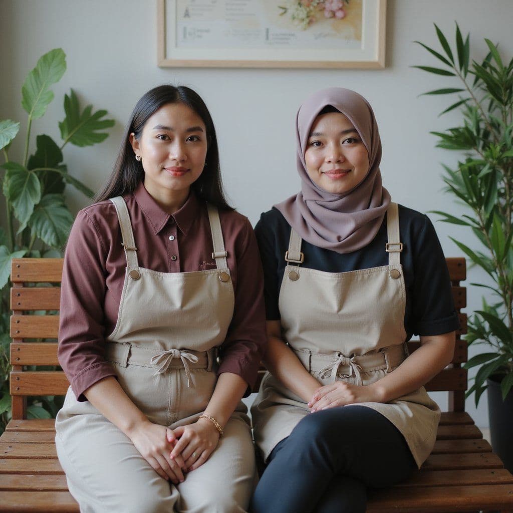 Two professional Indonesian domestic helpers in aprons sitting together