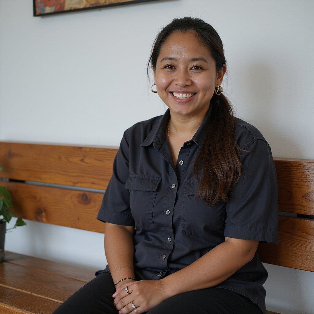 Smiling Myanmar domestic helper in black shirt sitting on a wooden bench