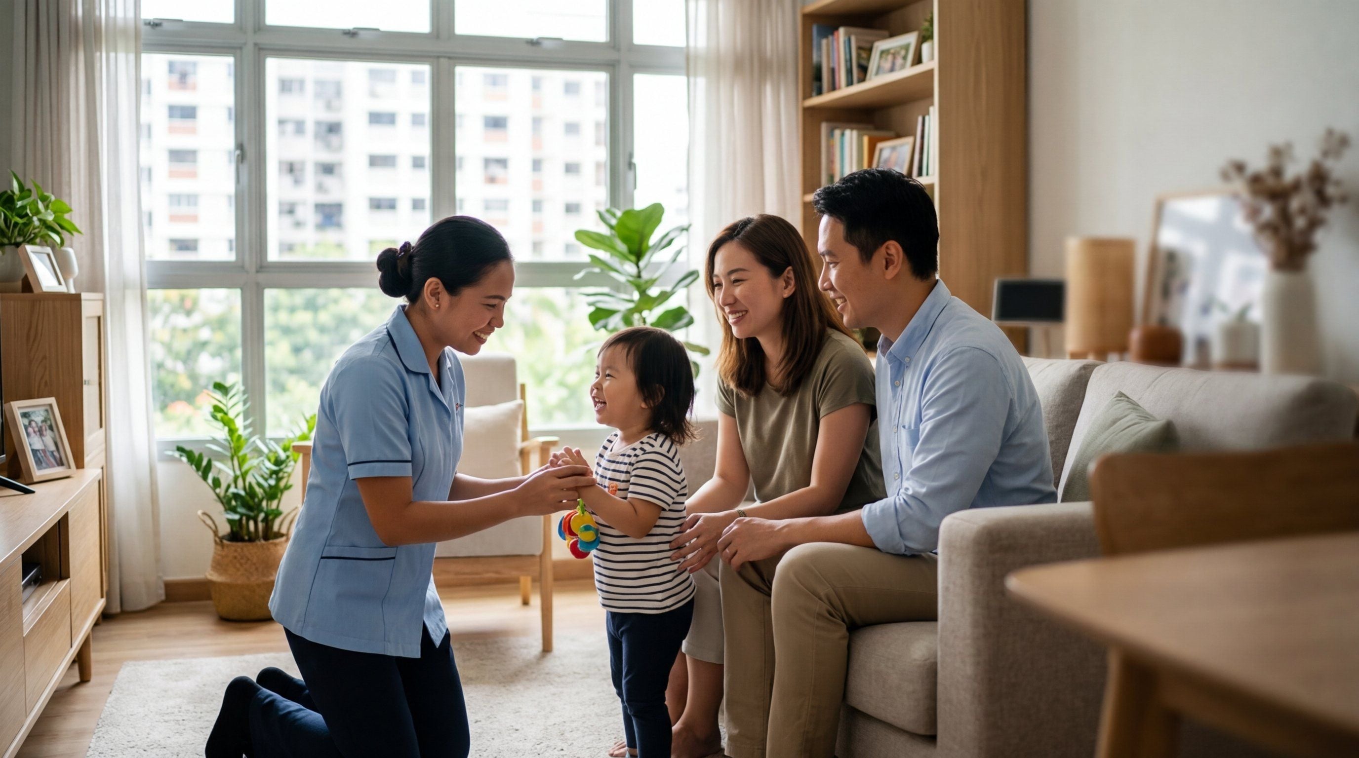 Happy family with domestic helper at home
