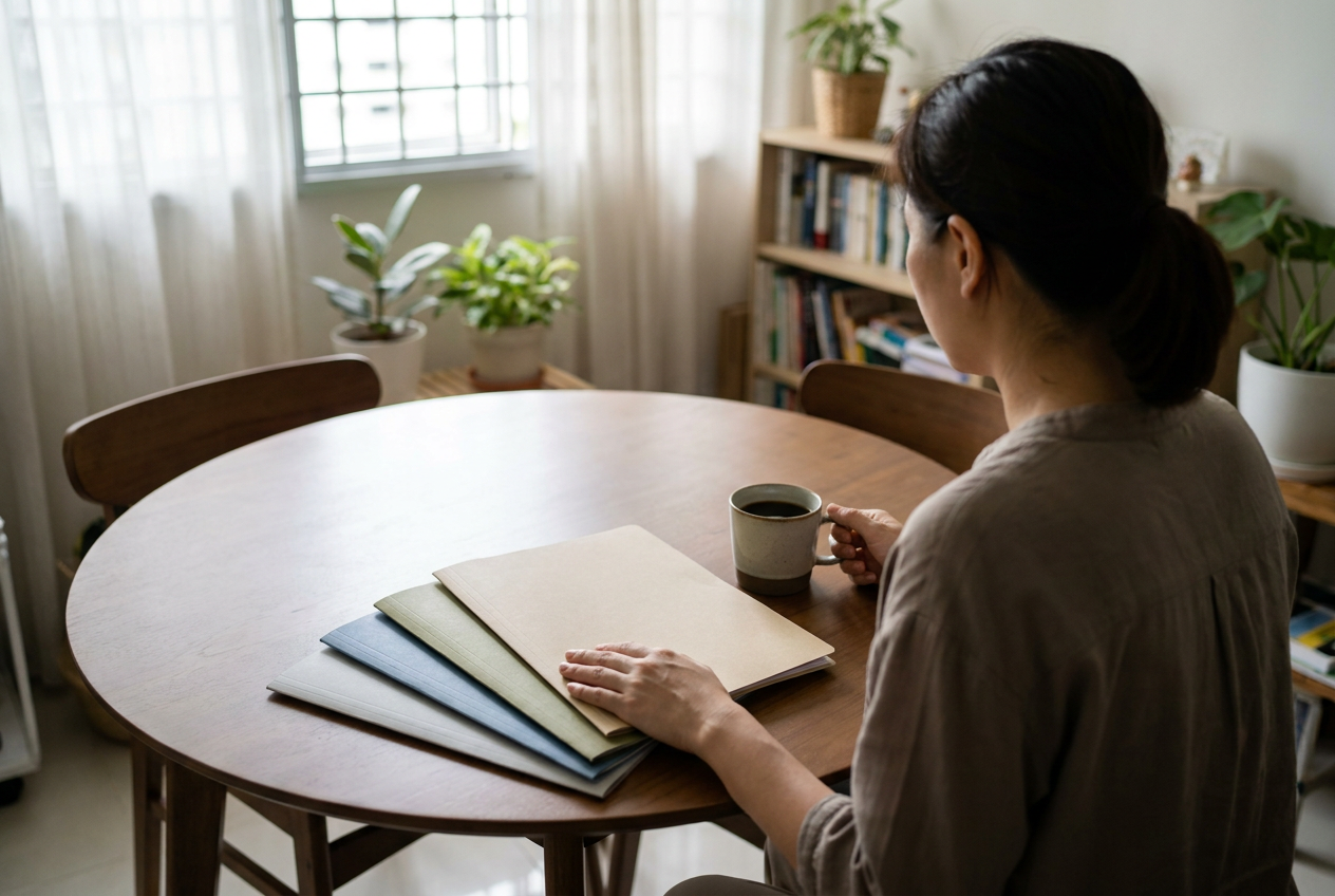 Singapore employer reviewing four AIG Domestic Helper Insurance tier brochures at her HDB dining table