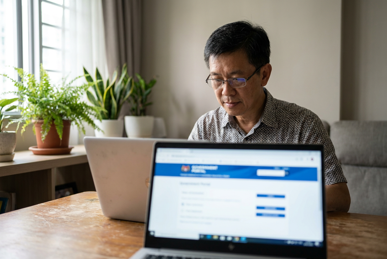 Singapore employer at a wooden desk reviewing the MOM FDW eService cancellation flow on a laptop