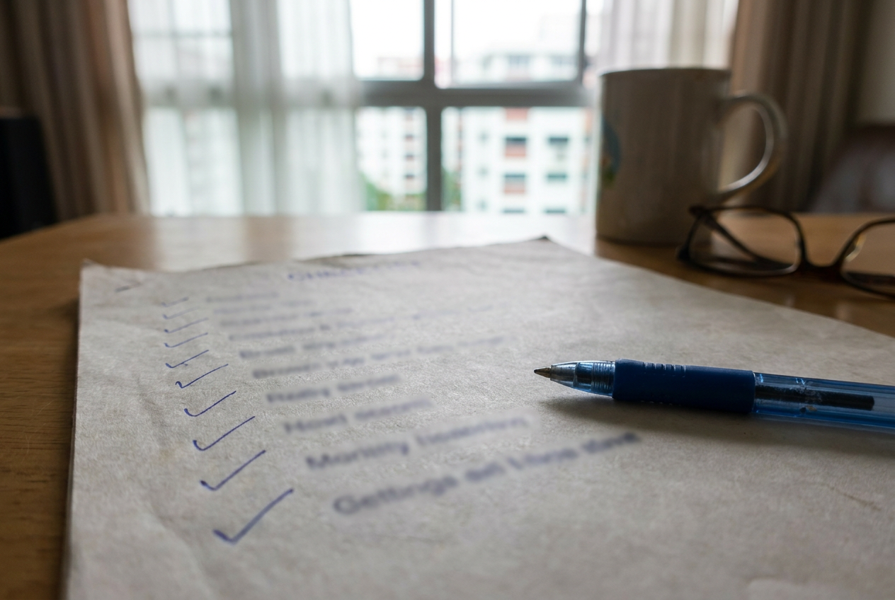 Completed Work Permit cancellation checklist with handwritten blue ticks on a clean wooden desk