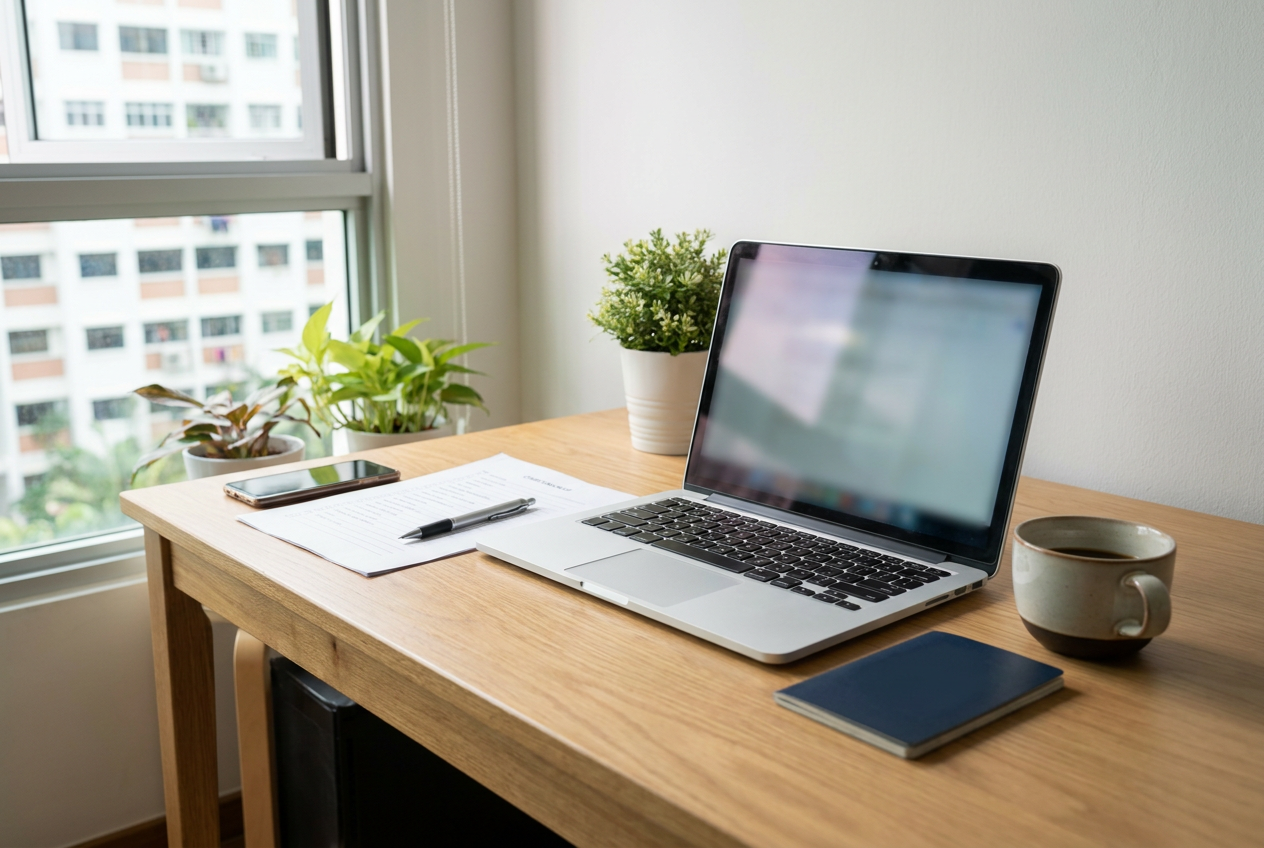 Singapore HDB desk with laptop, checklist, smartphone and a blue document representing the FDW Work Permit cancellation workflow