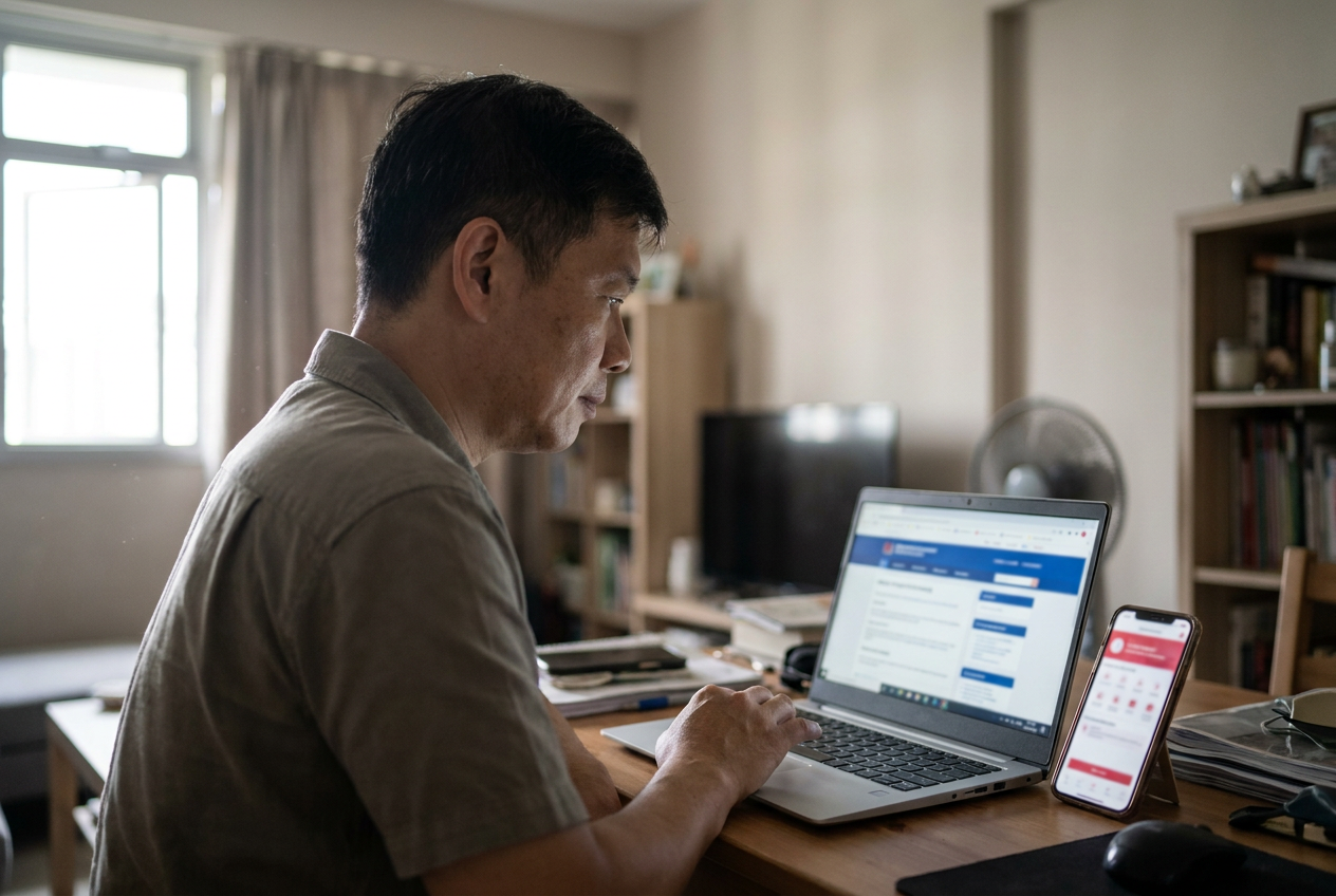 Singapore employer checking work permit status on a laptop at home