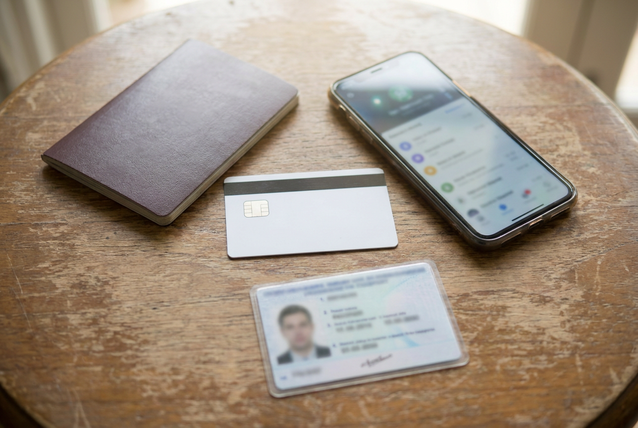 Passport, work permit card and Singapore IC on a desk for the status check