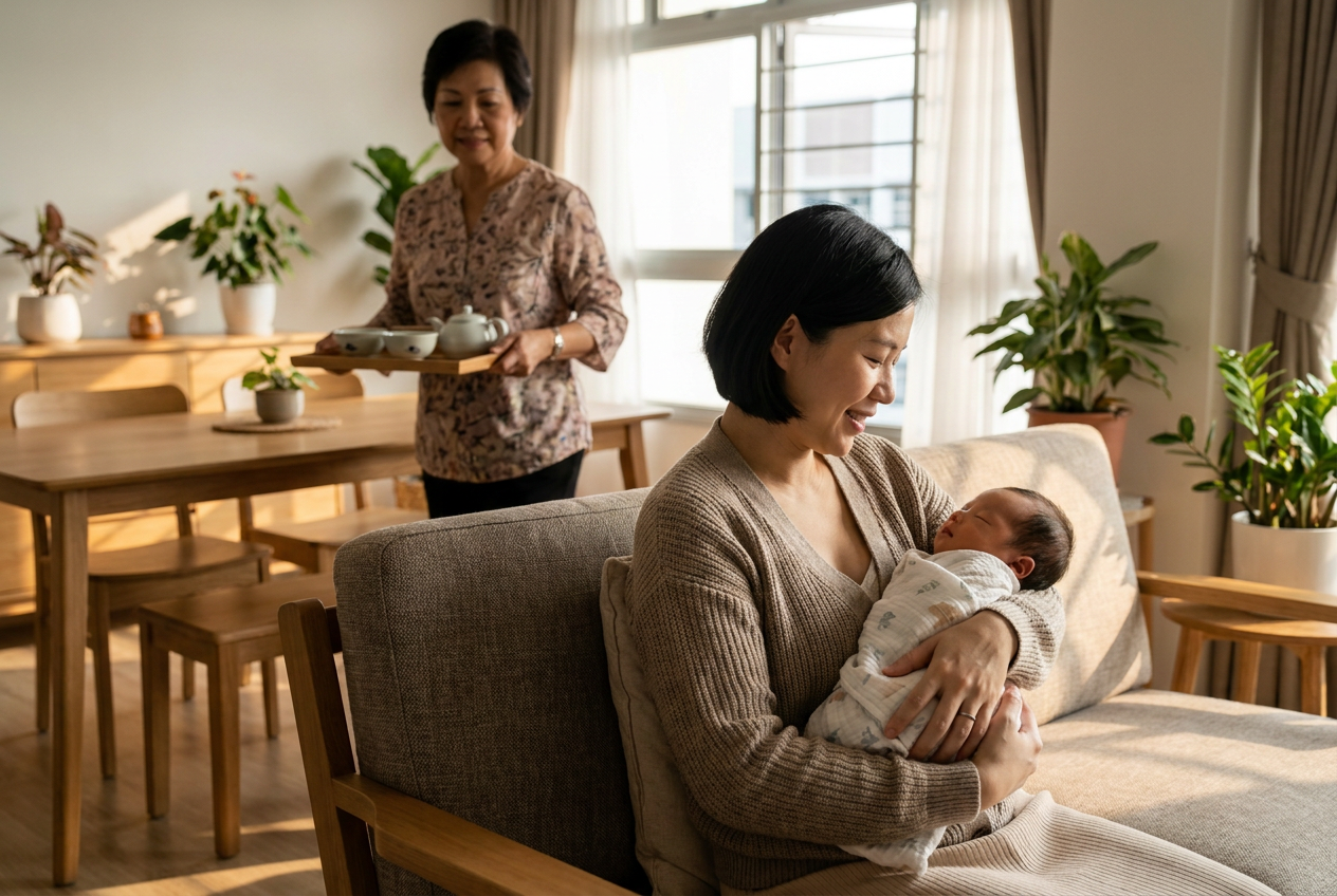 Singapore mother with newborn alongside confinement nanny preparing ginger soup in a HDB kitchen