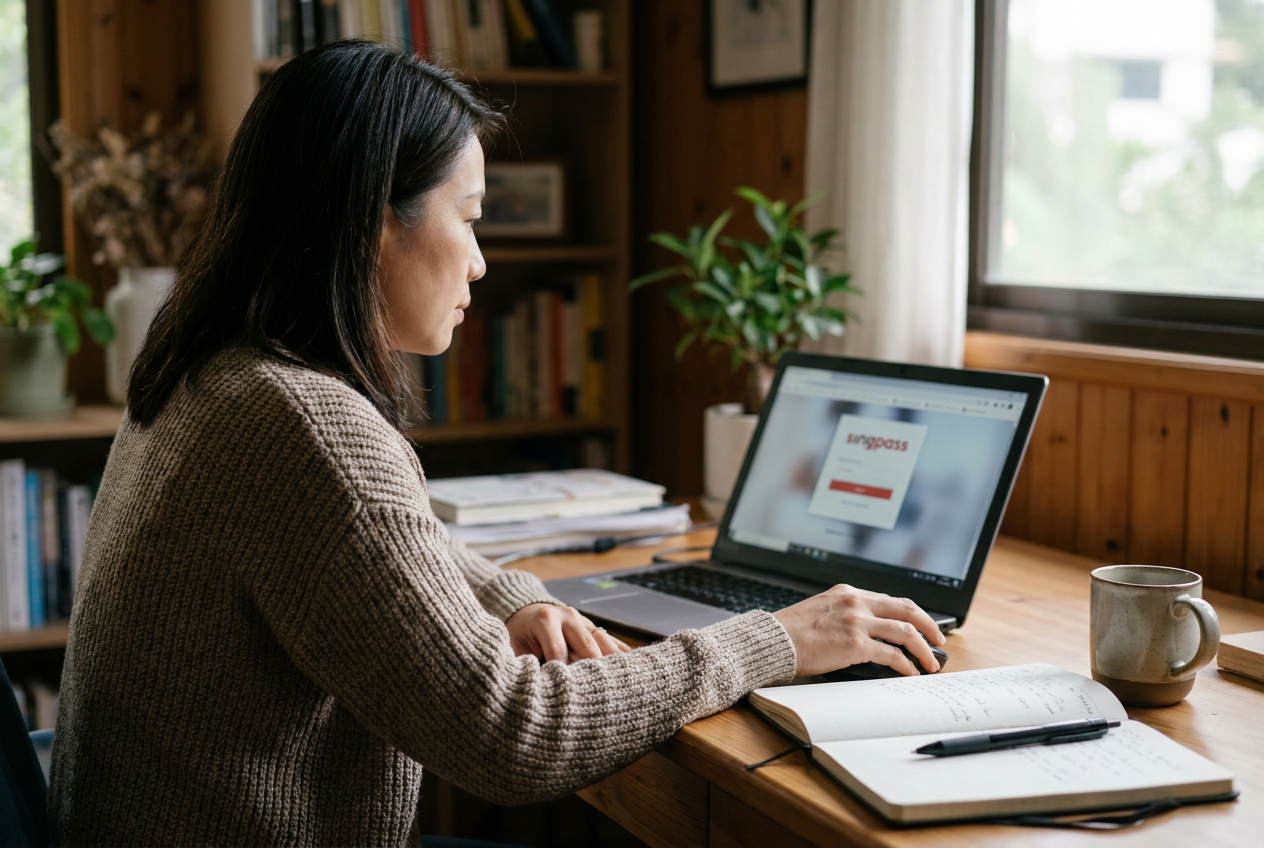 Singapore employer completing the MOM Employer Orientation Programme online via Singpass on a laptop