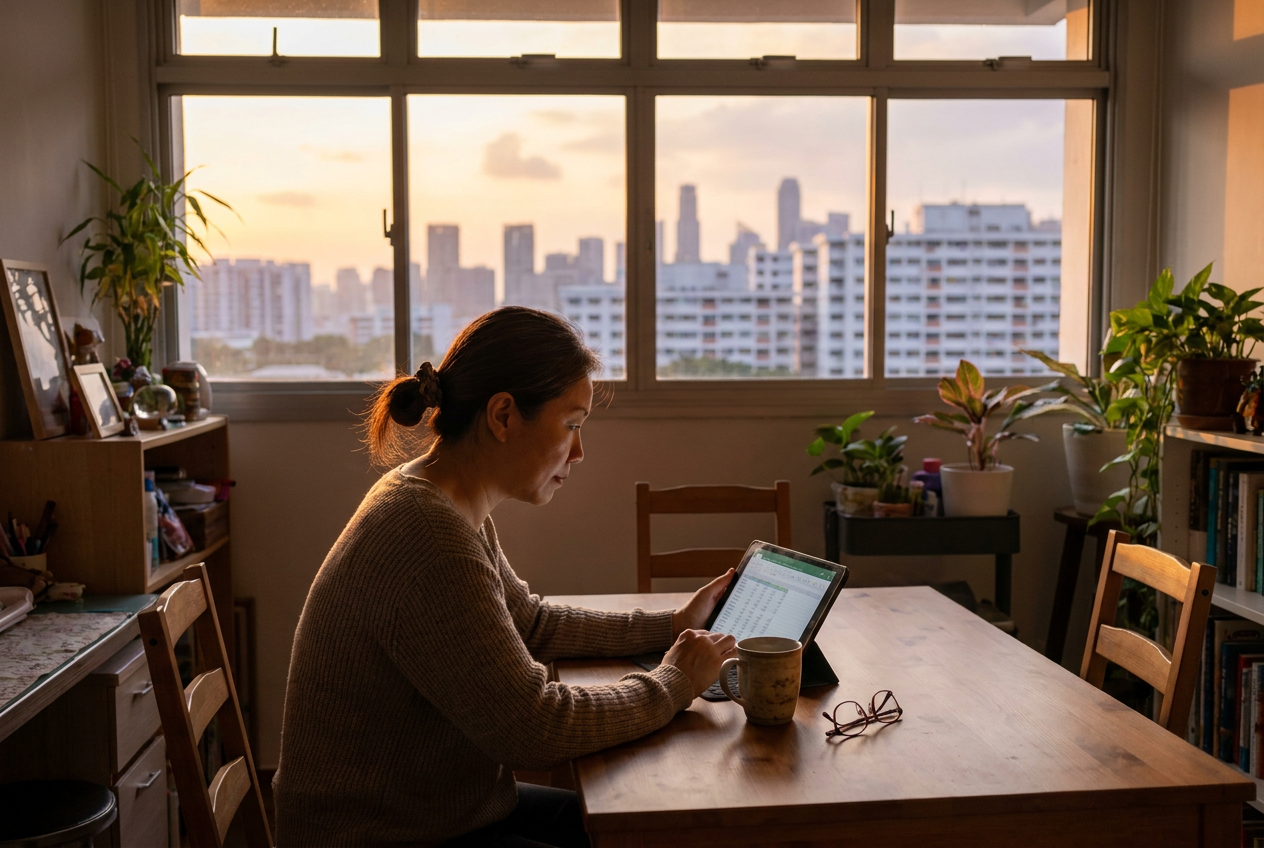 Singapore employer reviewing maid insurance budget on tablet in HDB living room