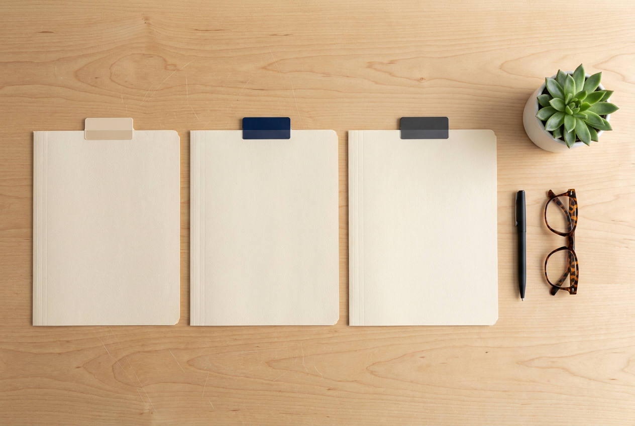 Three manila document folders representing the three Etiqa maid insurance plan tiers