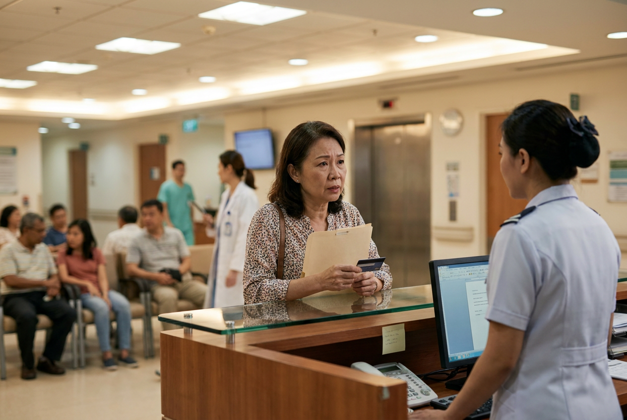 Singapore employer at hospital admissions desk holding folder and credit card with cashflow concern