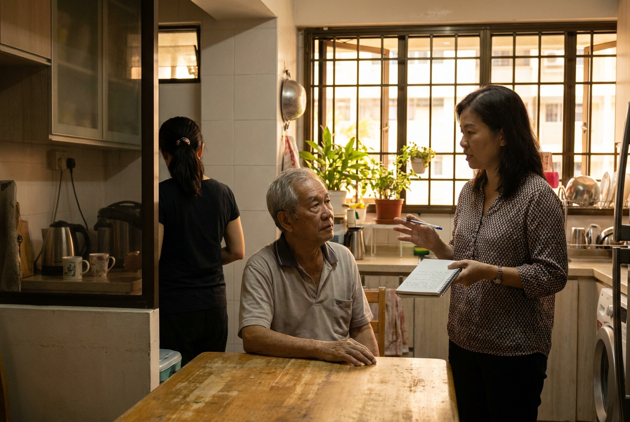 Multigenerational Singaporean family discussing helper insurance options in HDB kitchen