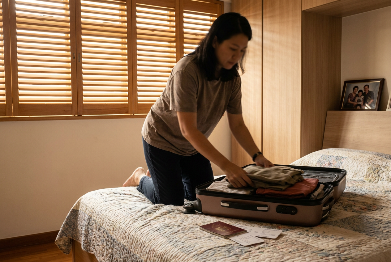 Filipino helper packing a suitcase in a Singapore HDB bedroom before her home leave flight