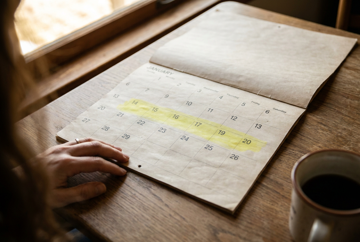Calendar showing a seven-day overseas leave date range qualifying for the MOM levy waiver