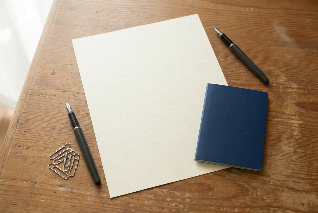 Blank cream certificate and navy passport on a wooden desk representing the OEC / OFW Travel Pass process