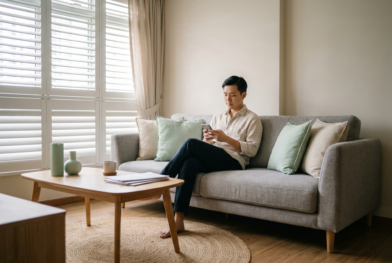 Singapore employer reviewing maid insurance options on a mobile phone at a kitchen table