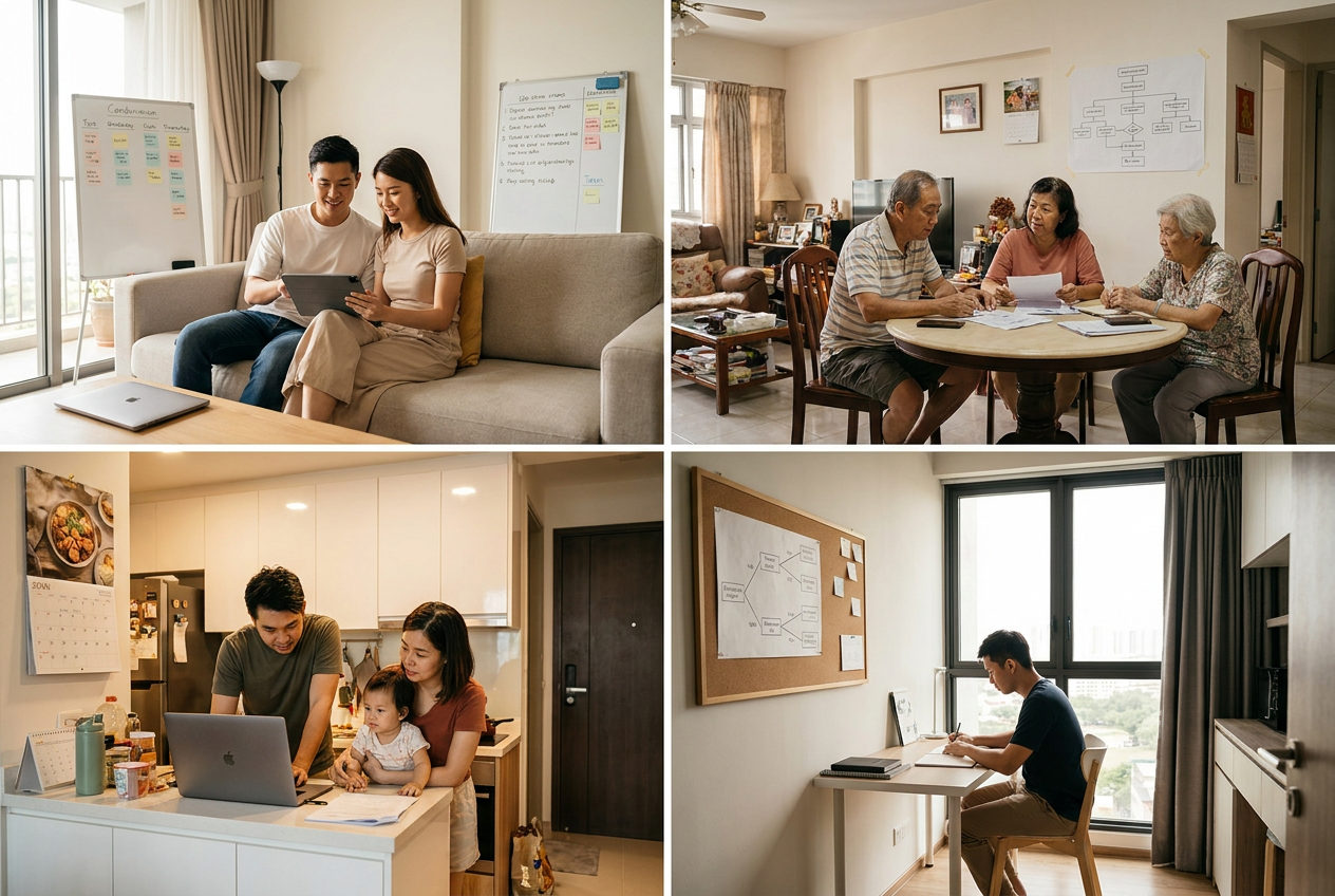 Singapore HDB living room with employer and helper preparing dinner together representing a typical household setting