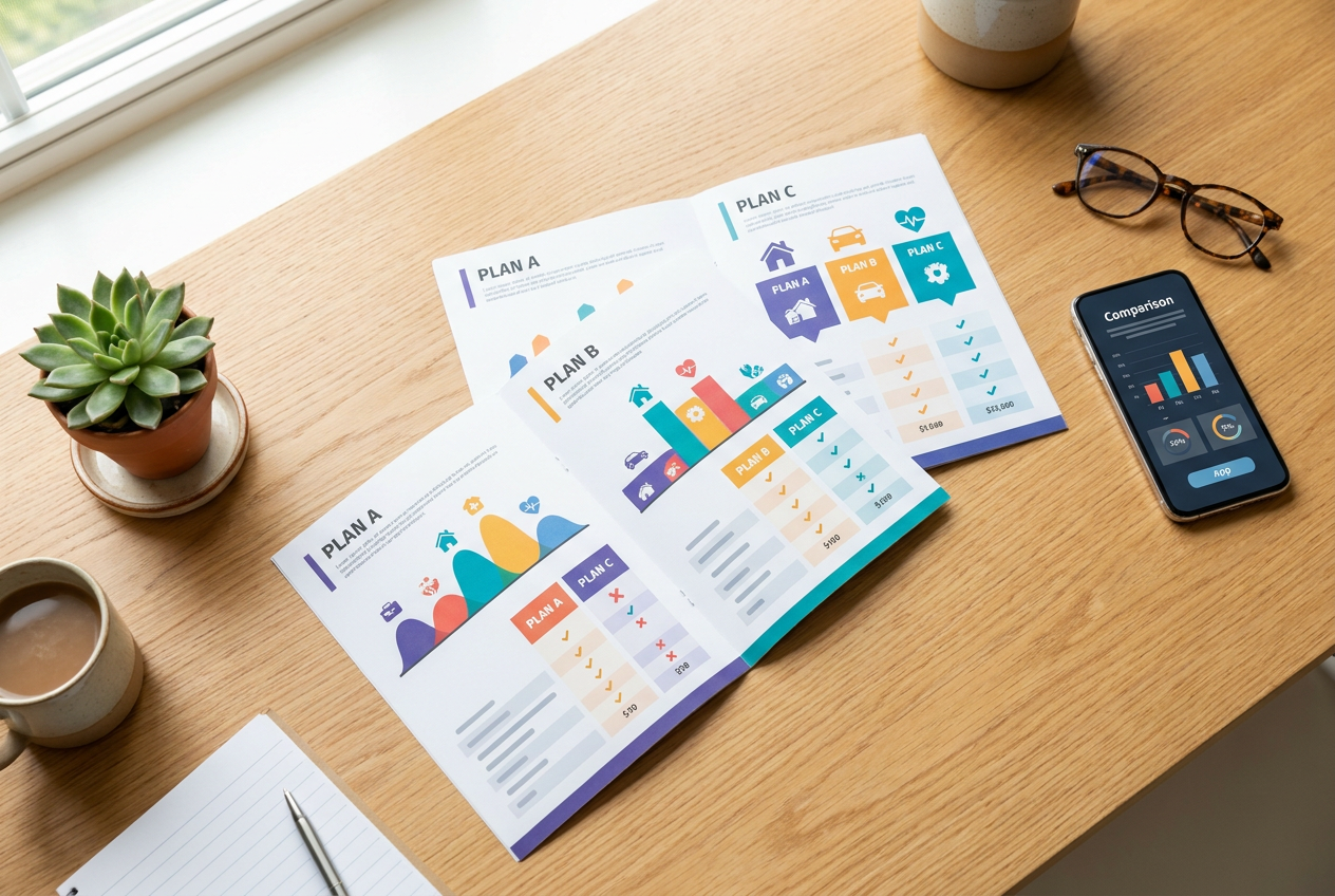 Three insurance policy folders fanned out on a desk representing tiered plan options