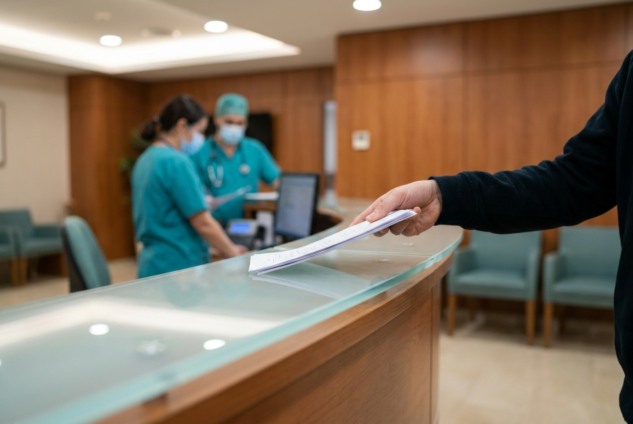 Hand holding a smartphone displaying a generic insurance claim submission screen near a hospital admissions counter