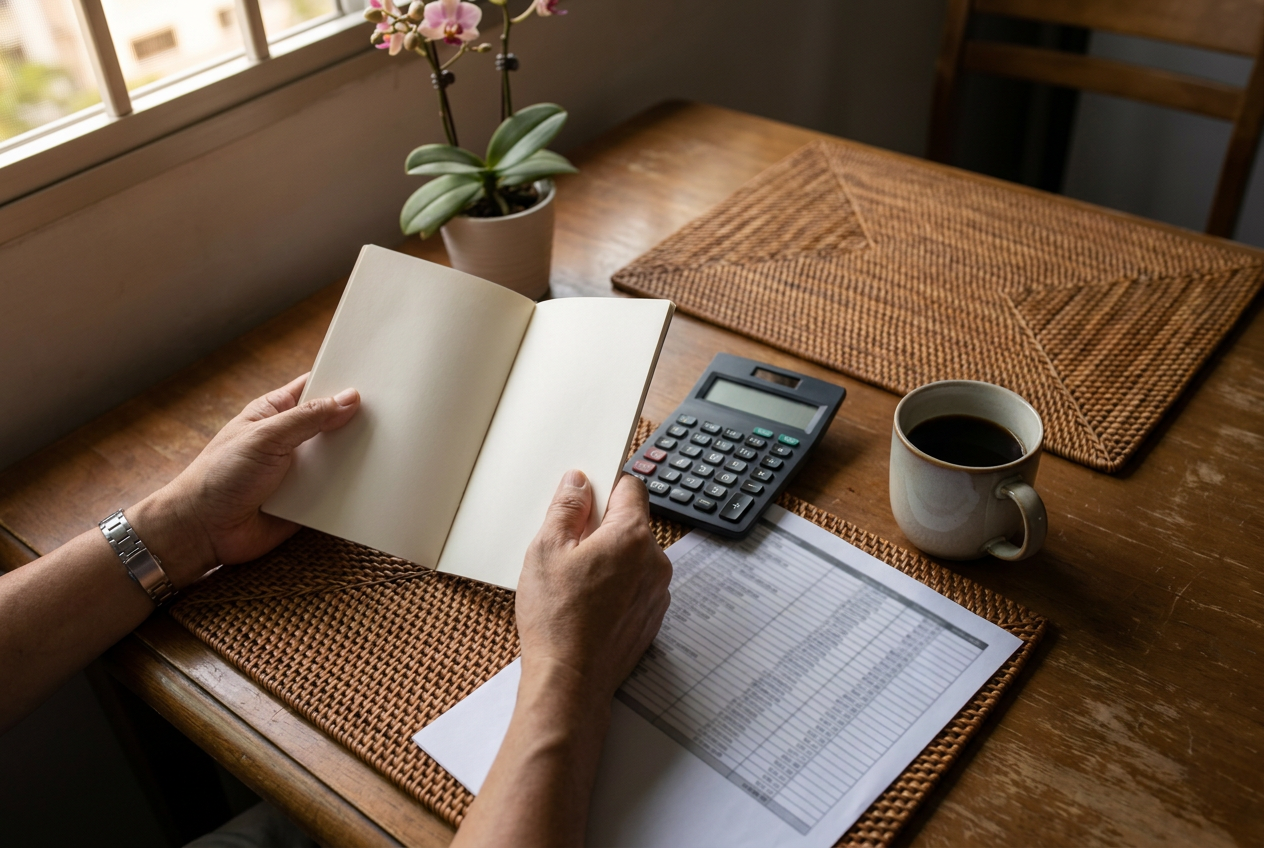 Singapore employer reviewing maid insurance brochures and calculator at HDB dining table