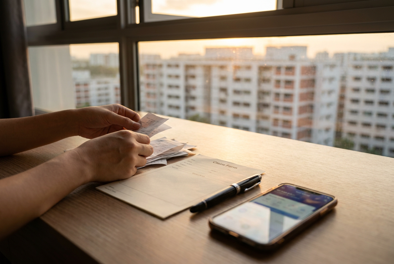 Claim paperwork and receipts organised on a Singapore home desk with smartphone