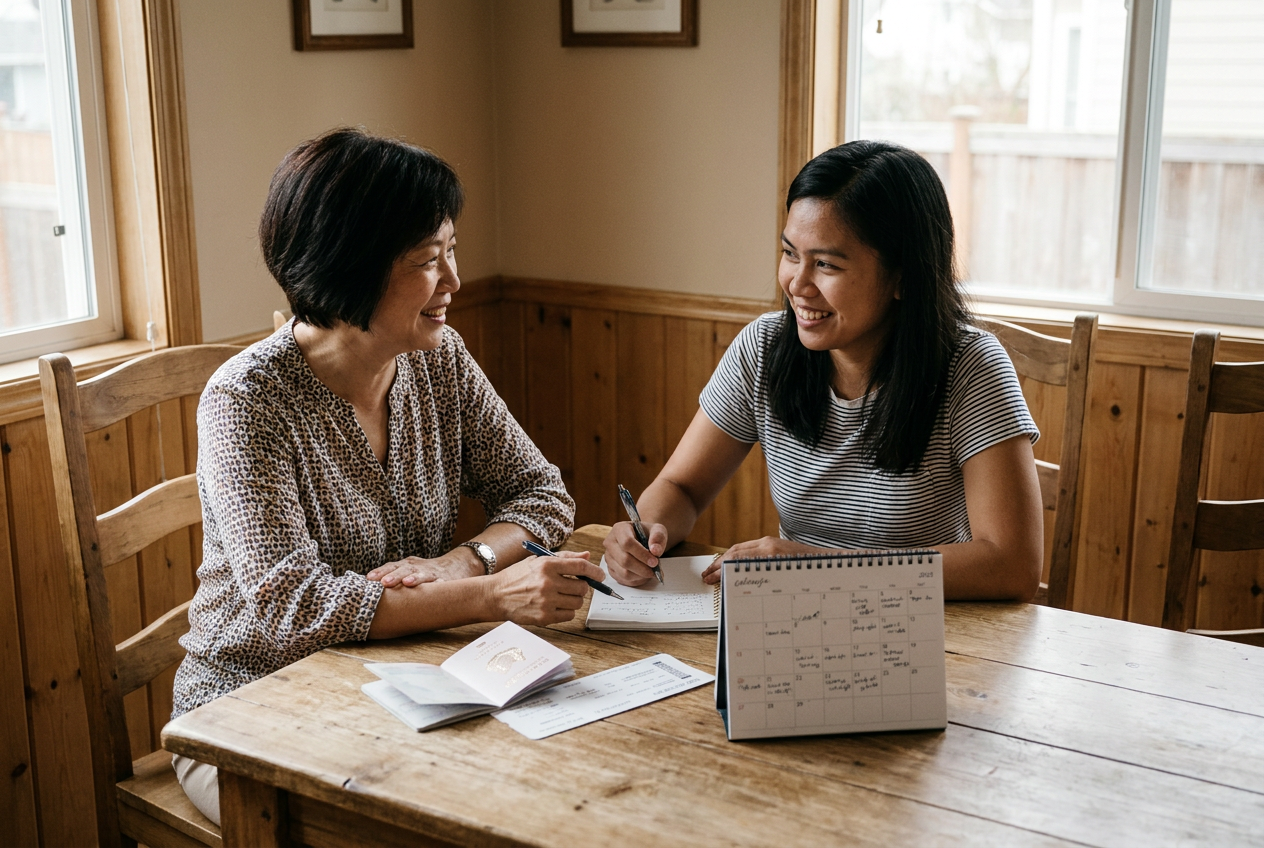Singapore employer and migrant domestic worker discussing home leave plans with a calendar and passport on the table