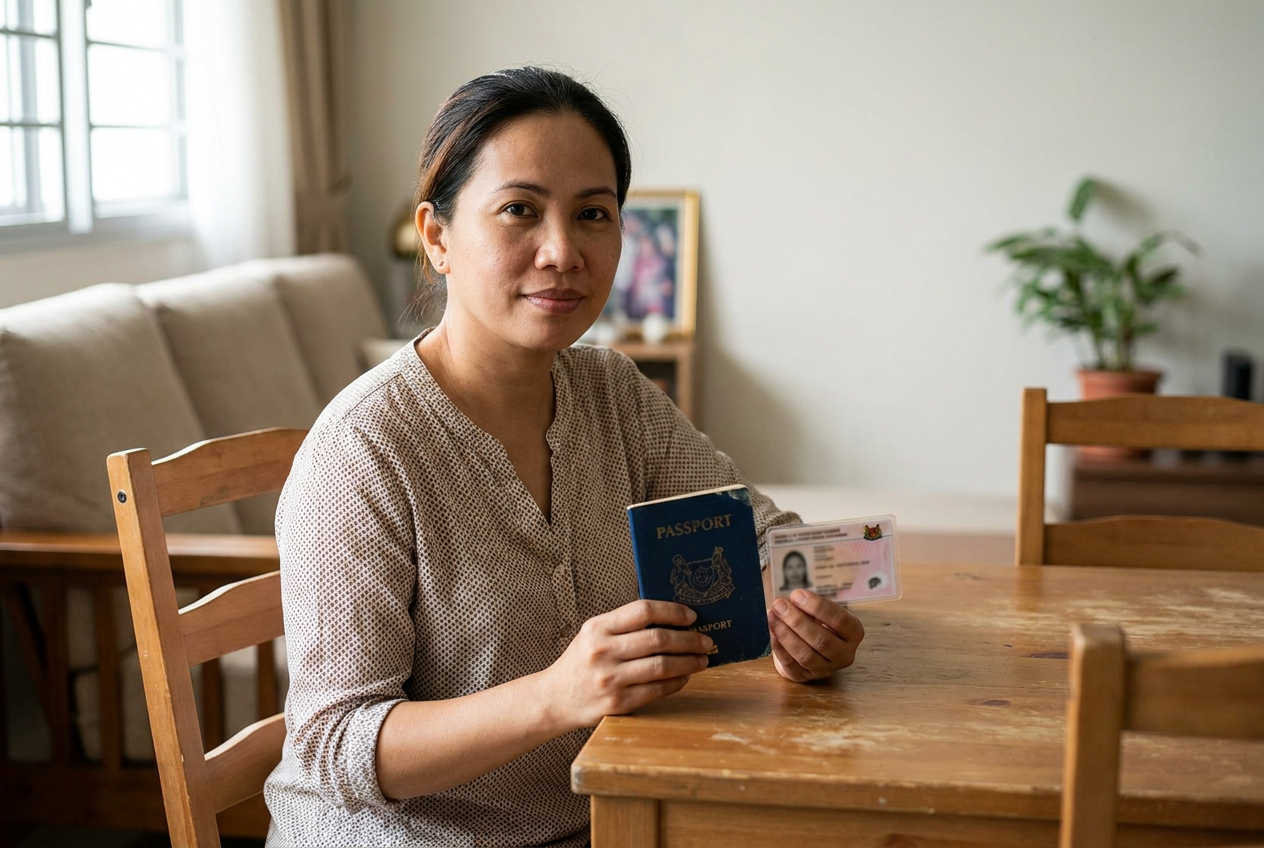 Singapore foreign domestic worker holding her own passport and Work Permit card, illustrating MOM rules in 2026