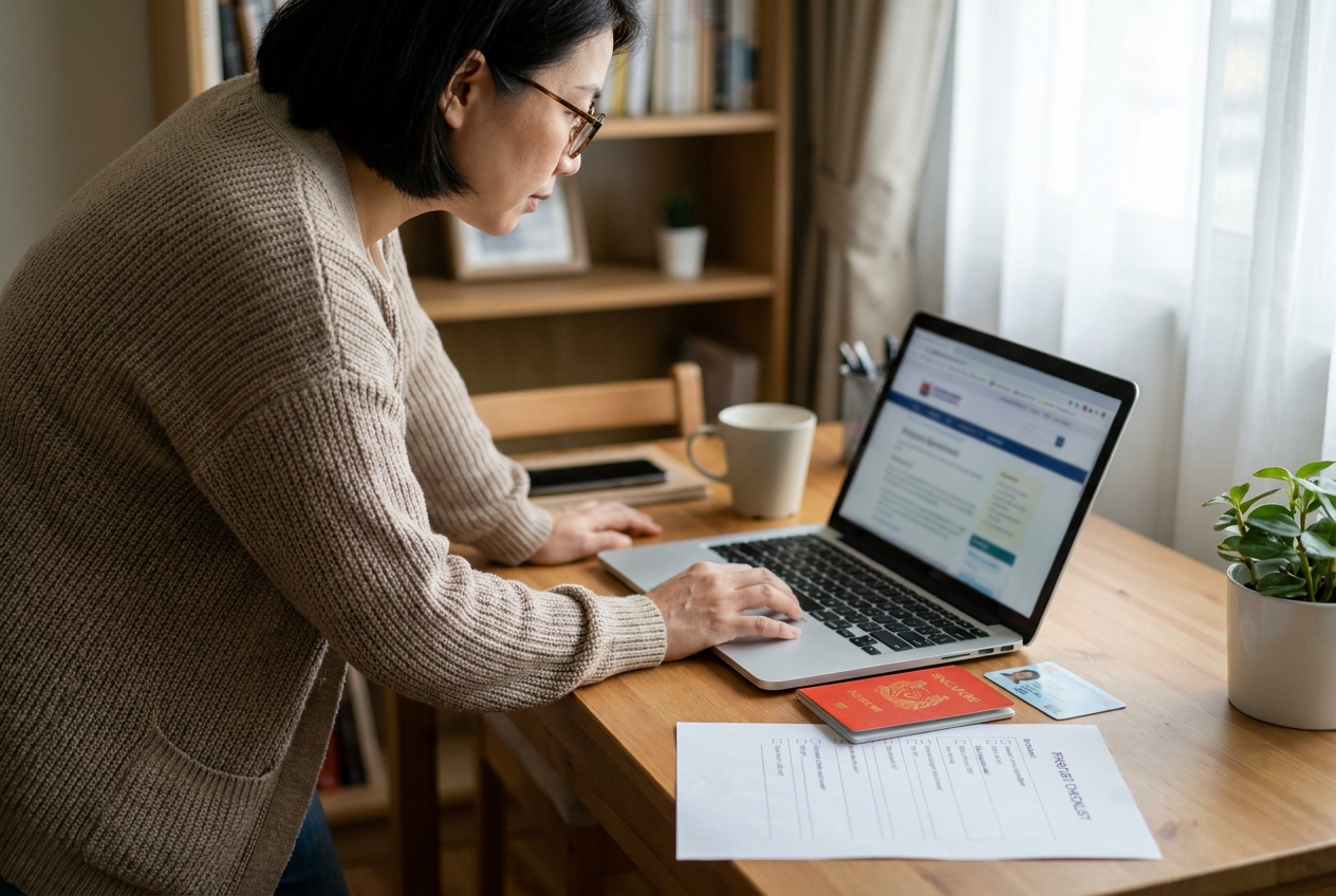 Singapore employer reviewing MOM Work Permit Online application on a laptop at home, with passport and NRIC on the desk