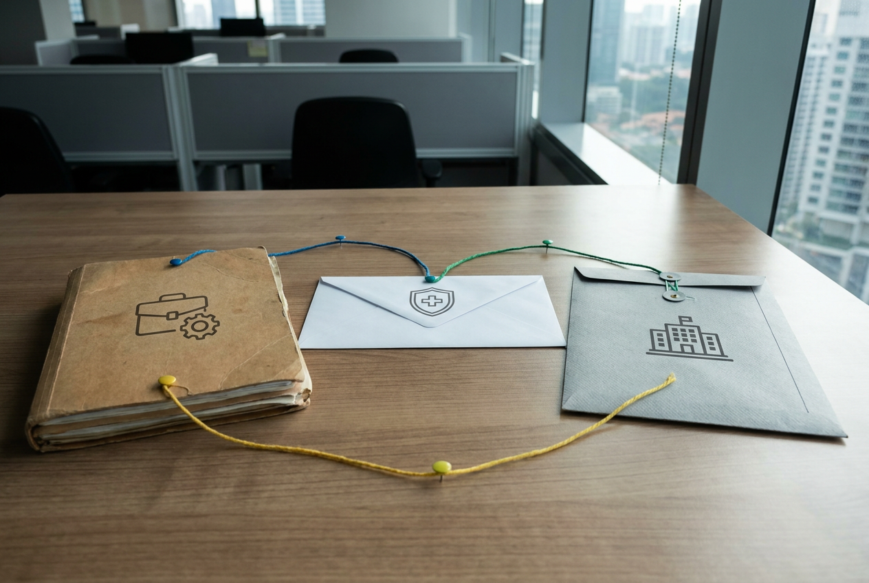 Three documents on a desk representing the employer, HL Assurance and MOM LOG flow
