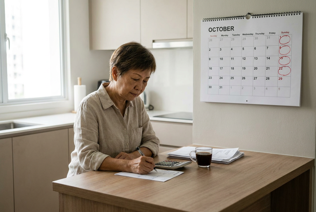 Singapore employer calculating FDW monthly salary with calculator, payslip and rest day calendar on kitchen table