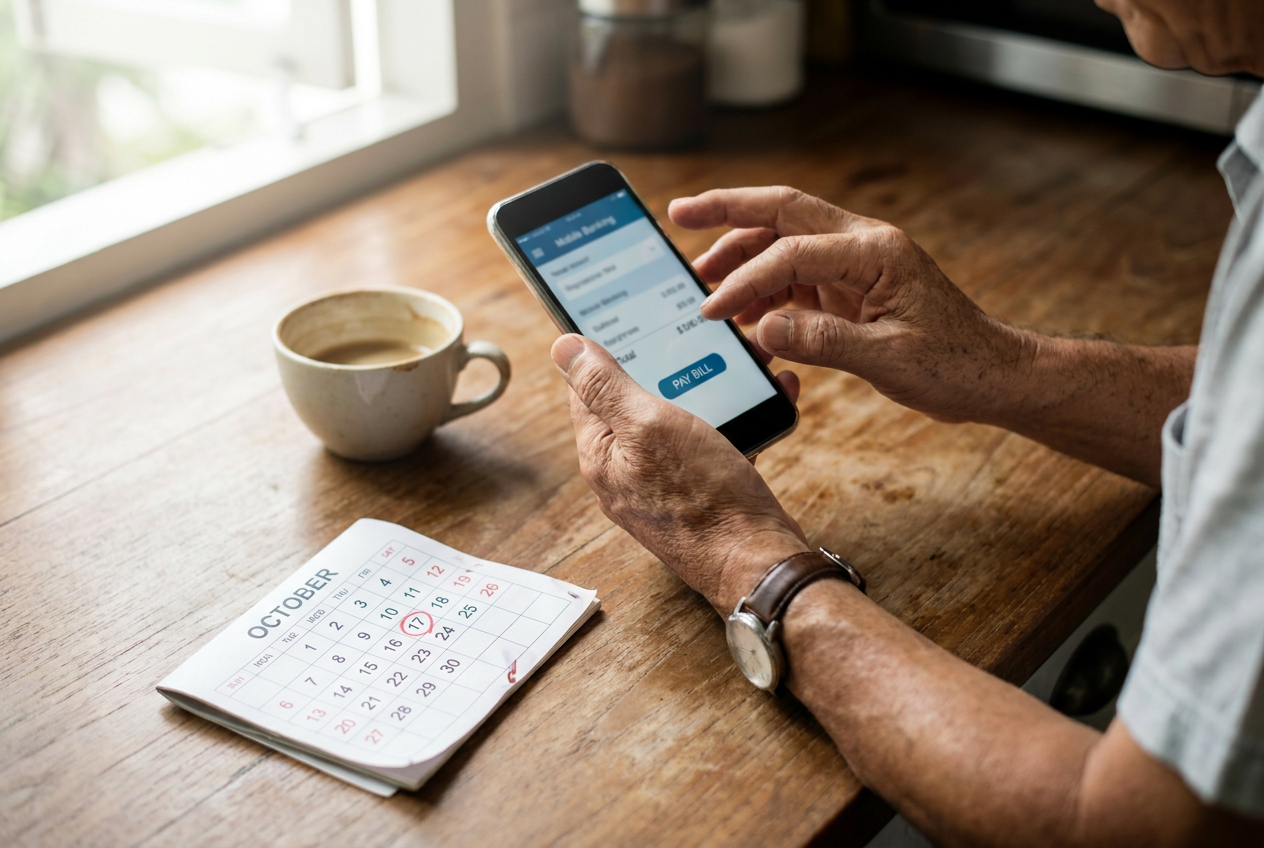 Singapore employer paying monthly maid levy via mobile app, with MOM logo and calendar showing 17th payment deadline