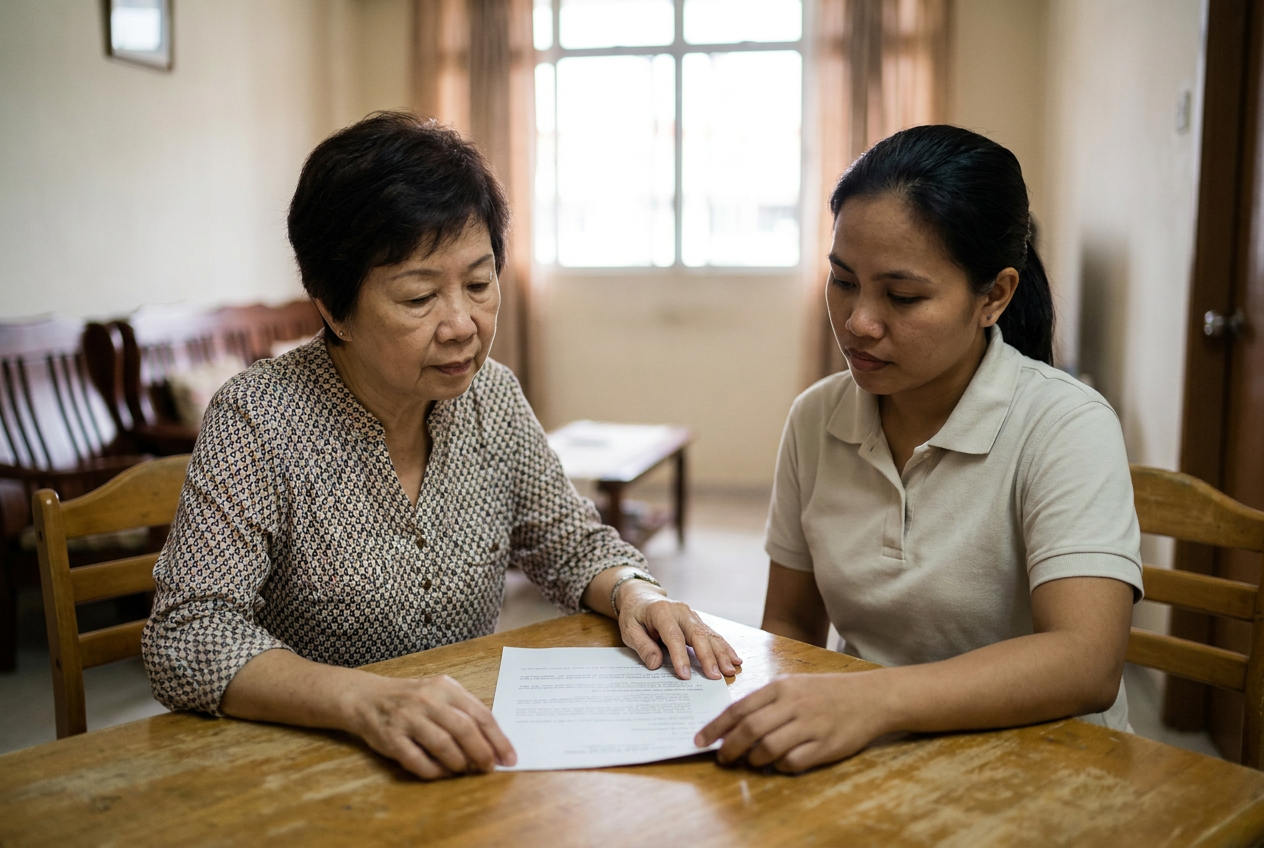 Singapore employer and migrant domestic worker reviewing contract termination paperwork at a dining table