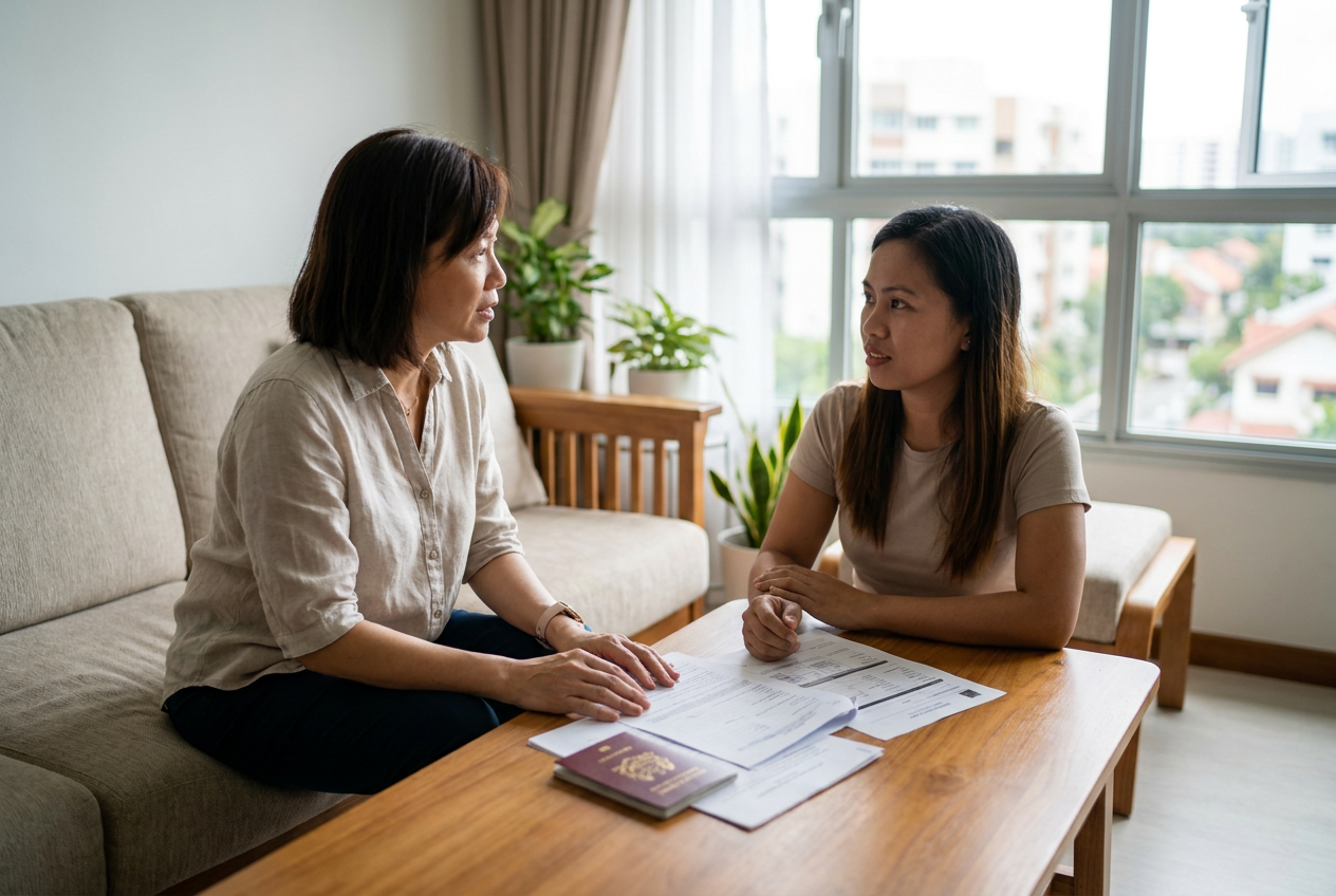 Singapore employer interviewing a transfer helper at home with documents on the table