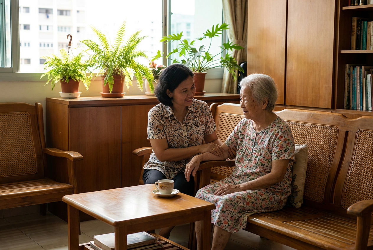 Indonesian domestic helper smiling with Singapore employer family in HDB living room