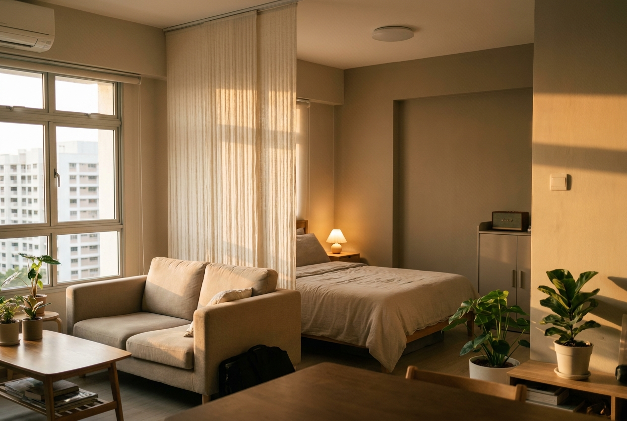 在三房式组屋客厅里，为家庭女佣布置得体的隔断睡眠角落