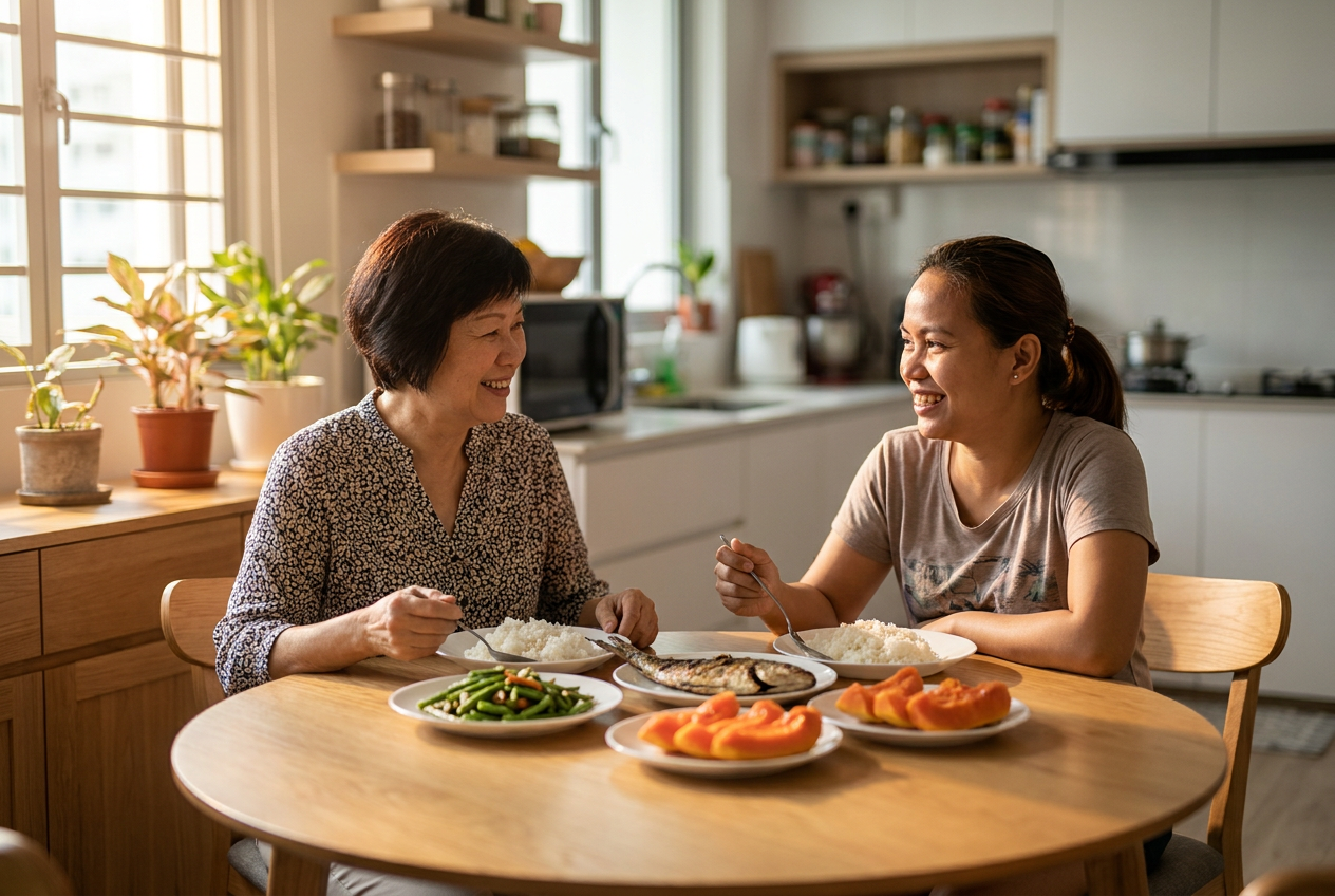 Singapore employer and migrant domestic worker sharing a home-cooked meal at the dining table