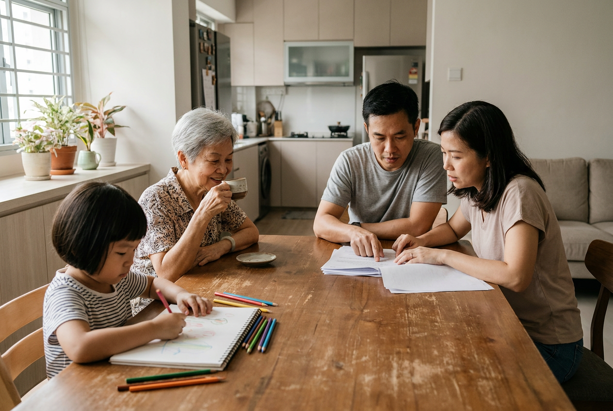 Singapore family with young children and elderly parent showing eligibility for foreign domestic worker levy concession