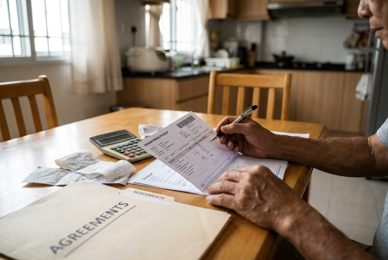 Singapore employer reviewing a migrant domestic worker pay slip with itemized deductions on a kitchen table