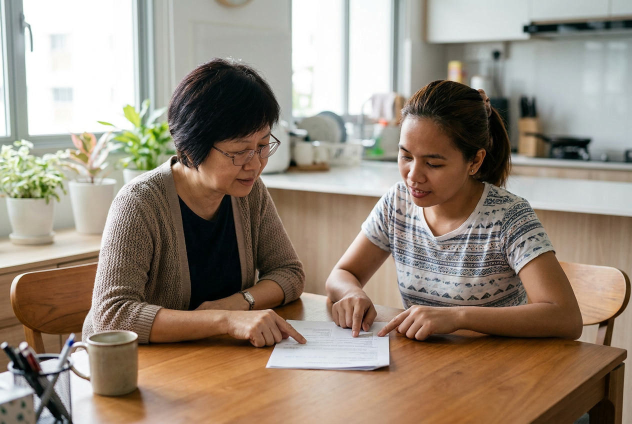 Singapore employer and migrant domestic worker reviewing a written rest day agreement at home