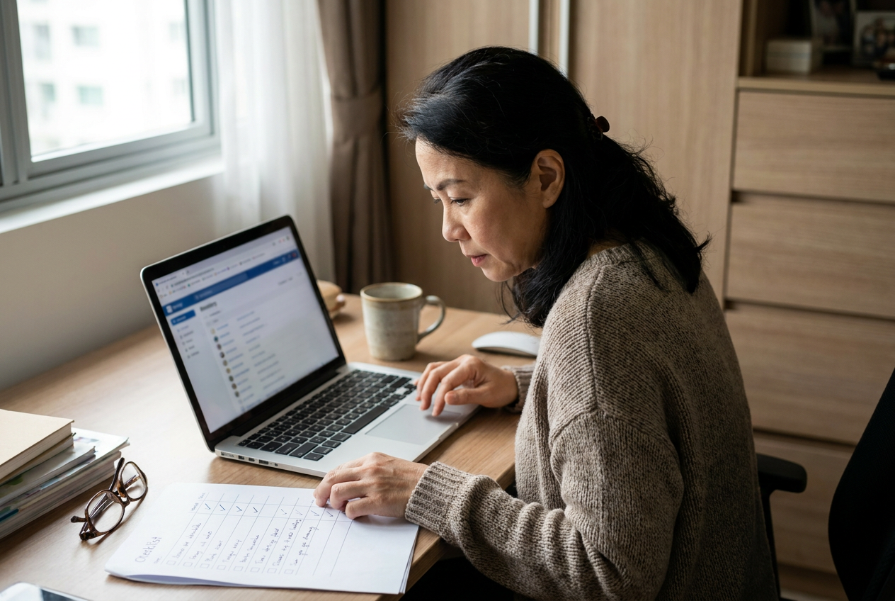 Singapore employer reviewing MOM EA Licence directory on a laptop before choosing a maid agency in 2026