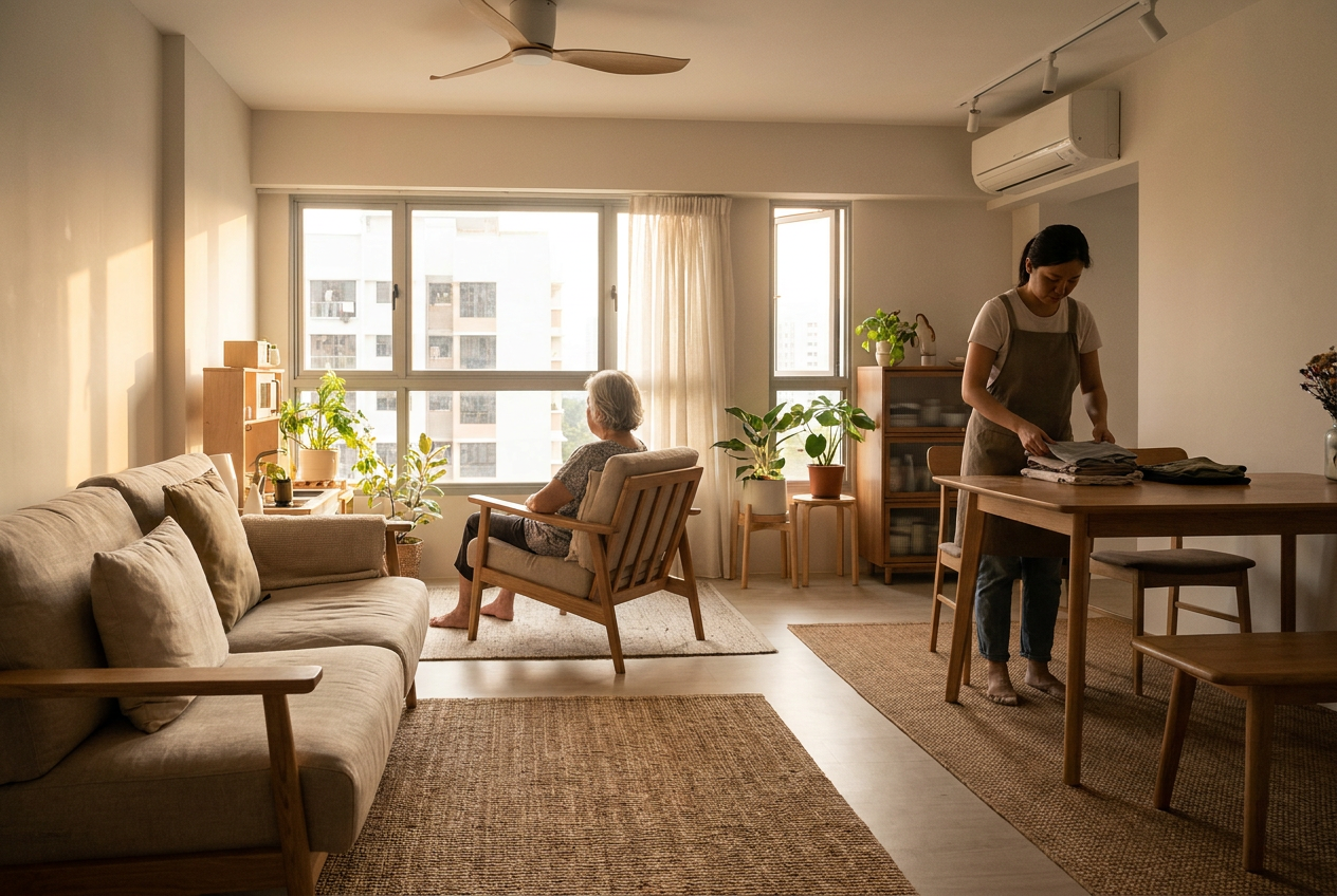 Employer reviewing maid insurance paperwork at a kitchen table in a Singapore HDB flat