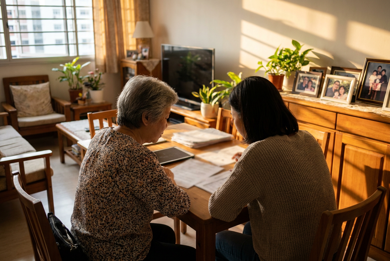 Singaporean family with elderly parent and domestic helper at home