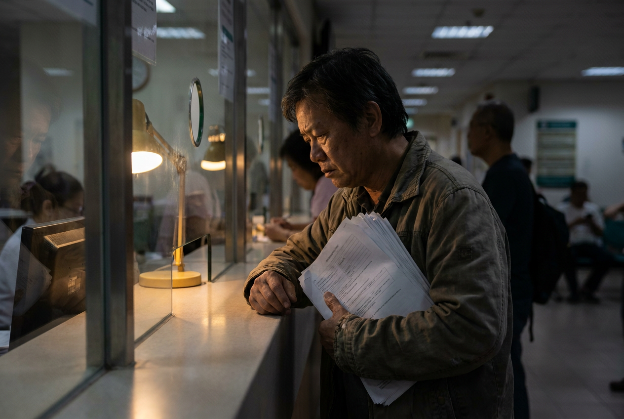 Hospital admissions counter in Singapore with a person reviewing payment paperwork