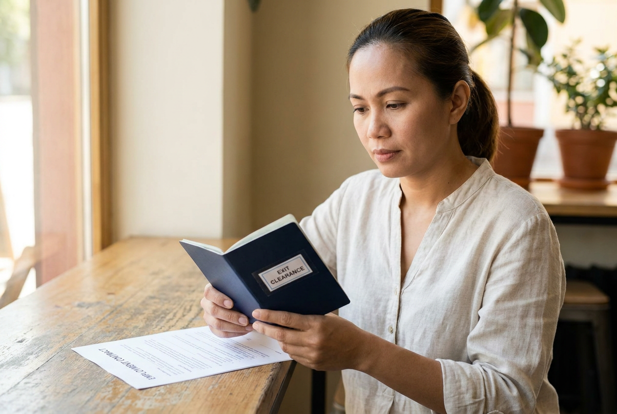 Filipino helper holding Philippine passport with OEC sticker before flying to Singapore in 2026