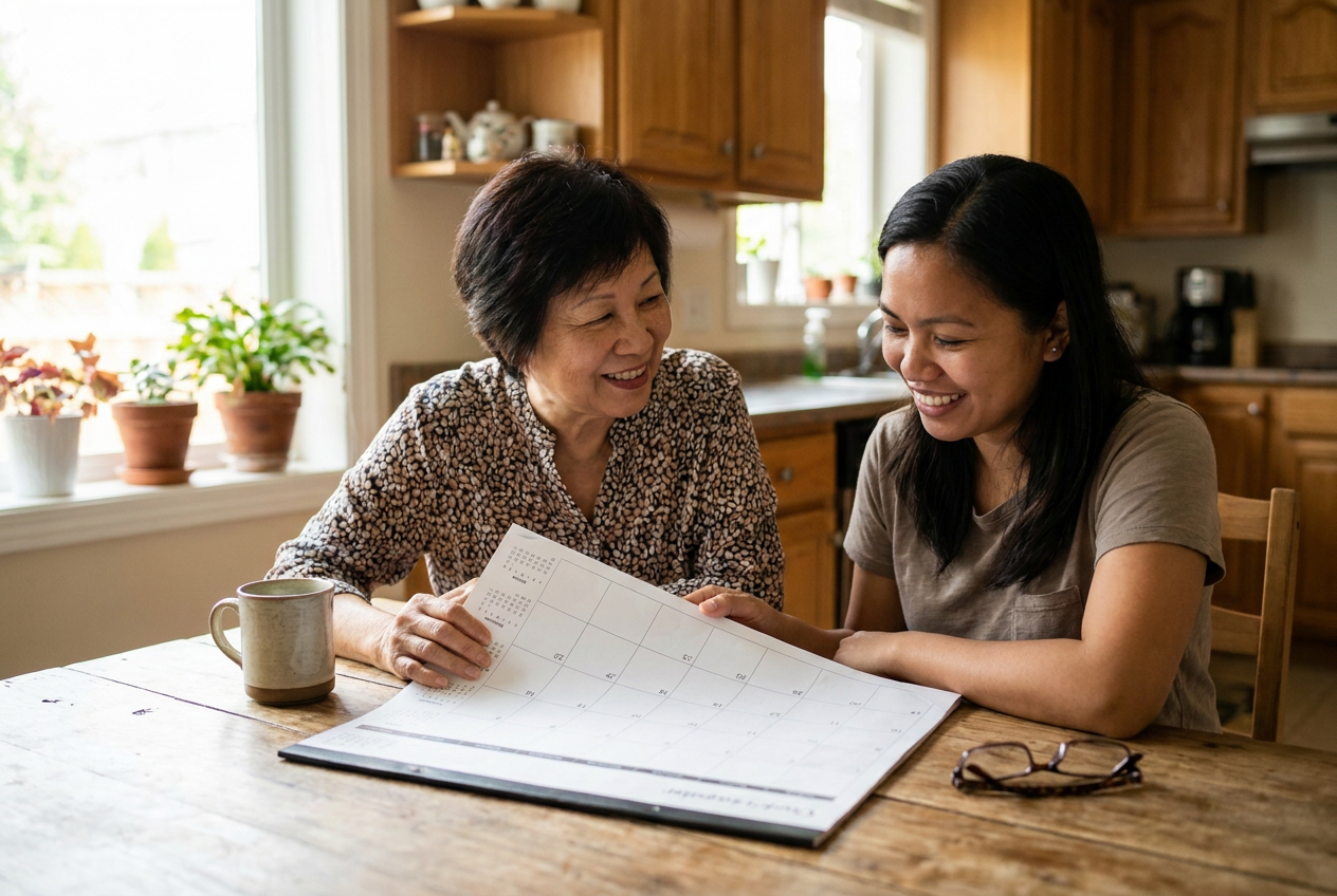 Singapore employer and helper discussing Work Permit renewal at kitchen table with calendar