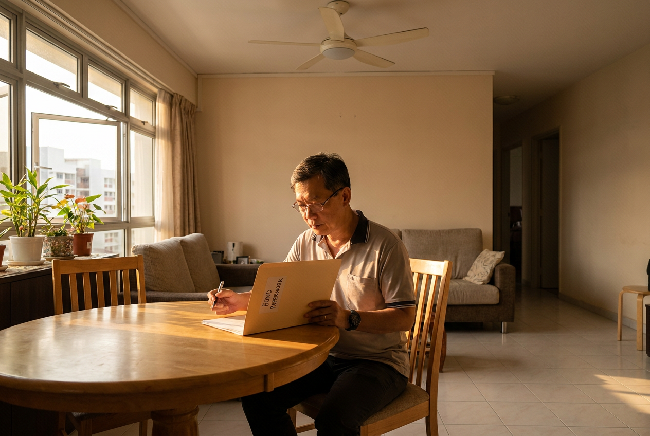 Singapore HDB employer reviewing a single plain bond document folder at a dining table